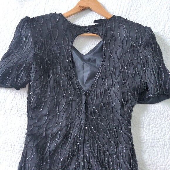 Vintage 1980s Beaded Dress Mark & John by Sam 100% Silk Black Cocktail Medium - Picture 3 of 13